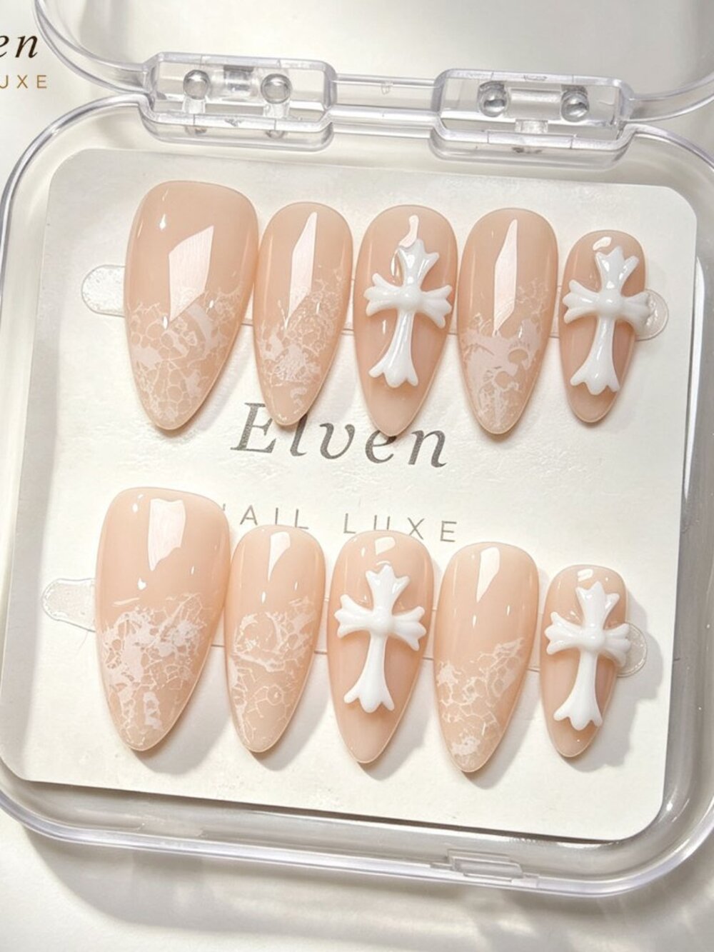 Gothic Y2K Medium Almond Reusable Press On Nails Nude Lace Marble 3D White Cross